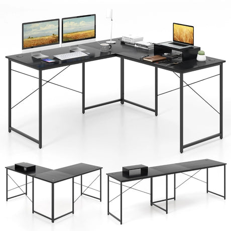 95 Inch 2-Person L-Shaped Long Reversible Computer Desk with Monitor Stand-Black
