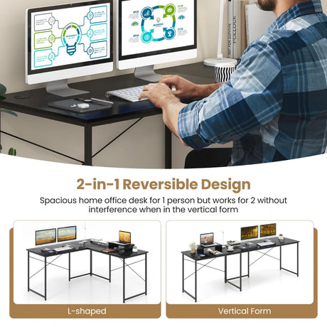 95 Inch 2-Person L-Shaped Long Reversible Computer Desk with Monitor Stand-Black