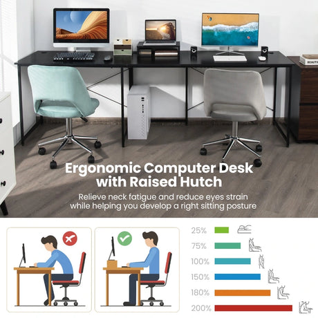95 Inch 2-Person L-Shaped Long Reversible Computer Desk with Monitor Stand-Black