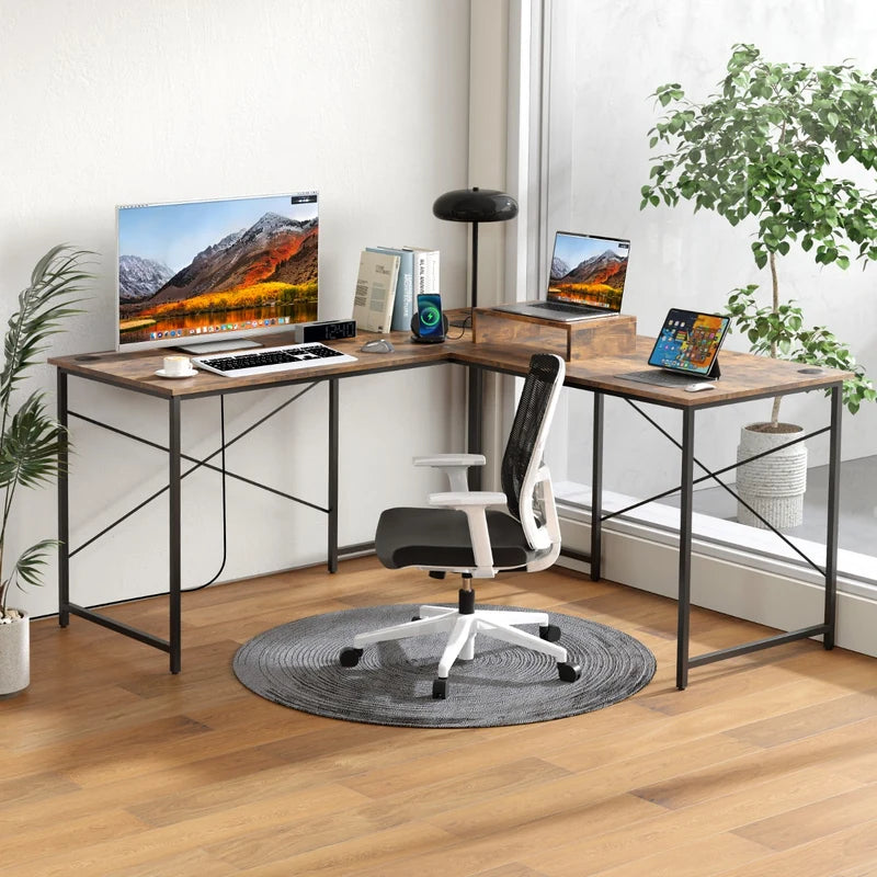 Reversible L-Shaped Desk with Built-in Power Strip and Removable Host Stand-Brown