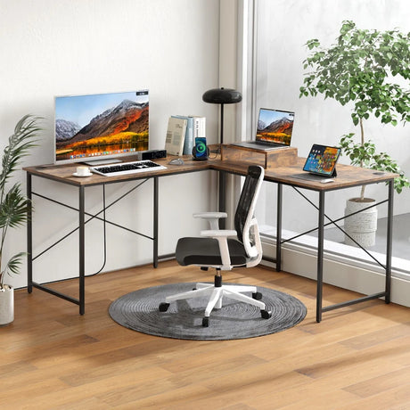 Reversible L-Shaped Desk with Built-in Power Strip and Removable Host Stand-Brown