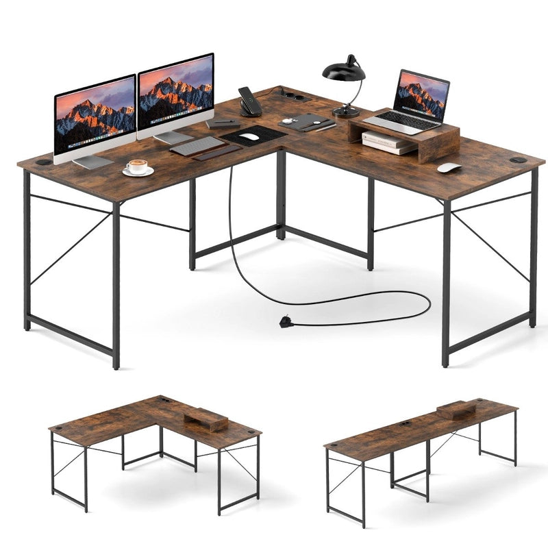 Reversible L-Shaped Desk with Built-in Power Strip and Removable Host Stand-Brown