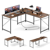 Reversible L-Shaped Desk with Built-in Power Strip and Removable Host Stand-Brown