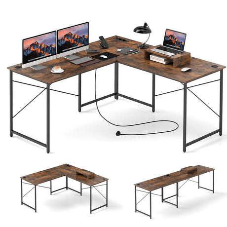 Reversible L-Shaped Desk with Built-in Power Strip and Removable Host Stand-Brown