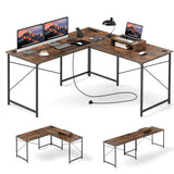 Reversible L-Shaped Desk with Built-in Power Strip and Removable Host Stand-Brown