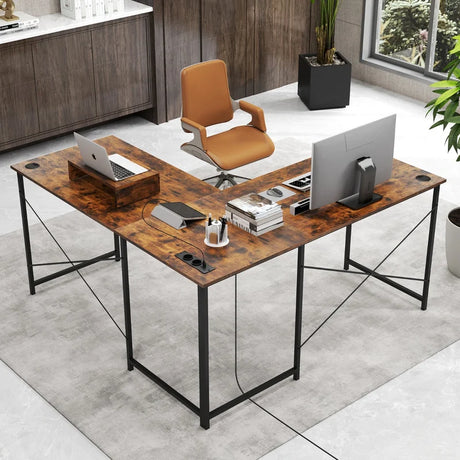 Reversible L-Shaped Desk with Built-in Power Strip and Removable Host Stand-Brown