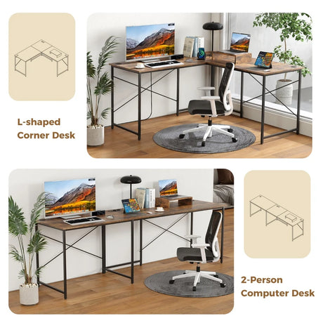 Reversible L-Shaped Desk with Built-in Power Strip and Removable Host Stand-Brown