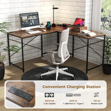 Reversible L-Shaped Desk with Built-in Power Strip and Removable Host Stand-Brown