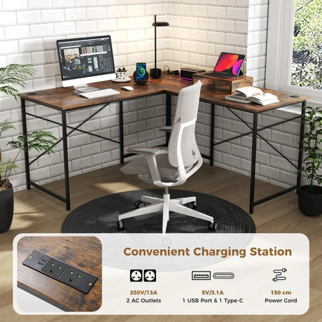 Reversible L-Shaped Desk with Built-in Power Strip and Removable Host Stand-Brown