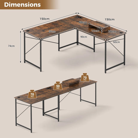 Reversible L-Shaped Desk with Built-in Power Strip and Removable Host Stand-Brown
