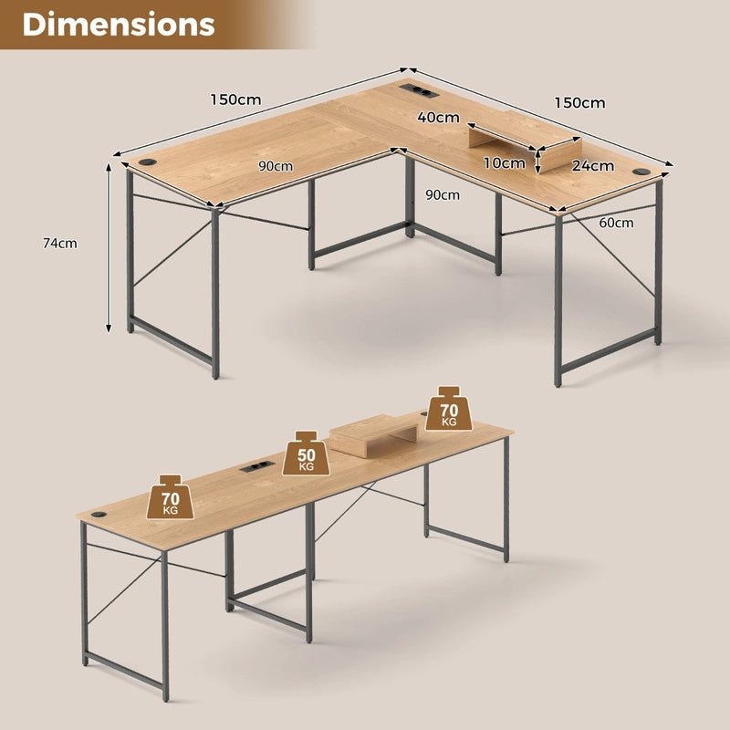 Reversible L-Shaped Desk with Built-in Power Strip and Removable Host Stand-Natural