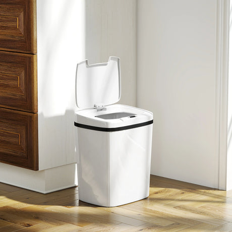 HOMCOM 15L Sensor Bin, Automatic Touchless Kitchen Bin, Easy Clean, Battery Operated for Home Office, Bedroom, Bathroom, White