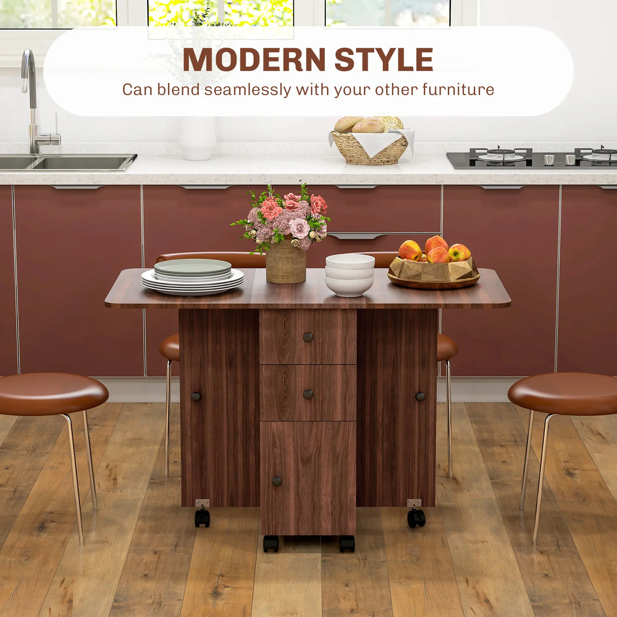 HOMCOM Multi-Storage Six-Person Drop Leaf Dining Table -  Distressed Brown