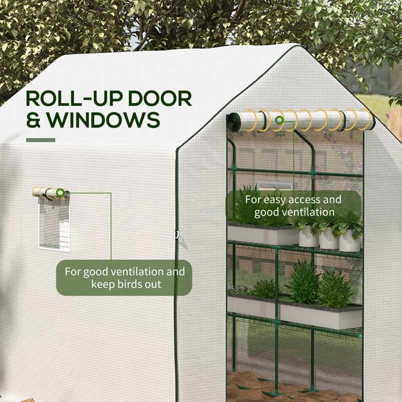 Outsunny Walk-in Greenhouse with 3 Tier Shelves, Outdoor Green House Garden Grow House with Reinforced PE Cover, Roll-up Door and Mesh Windows, 140 x 213 x 190cm, White