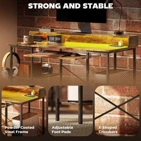 HOMCOM Computer Desk with LED Lights and Power Outlets, 120 x 55 cm Gaming Desk with Monitor Stand, Sliding Keyboard Tray and Storage Shelves for Home Office, Rustic Brown