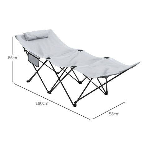 Outsunny Camping Bed for Adults, Single Folding Camp Bed, Portable Camping Cot with Side Pocket, Headrest and Oxford Seat for Outdoor, Travel, Fishing, Light Grey