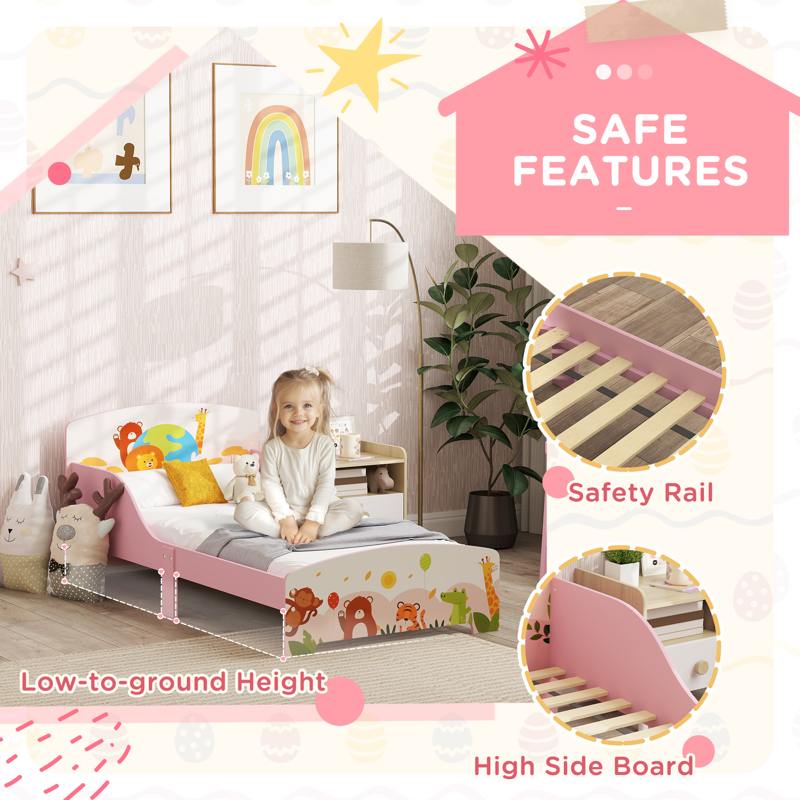 AIYAPLAY Cute Animal-Themed Toddler Bed w/ Safety Rails, 143 x 77 x 60cm