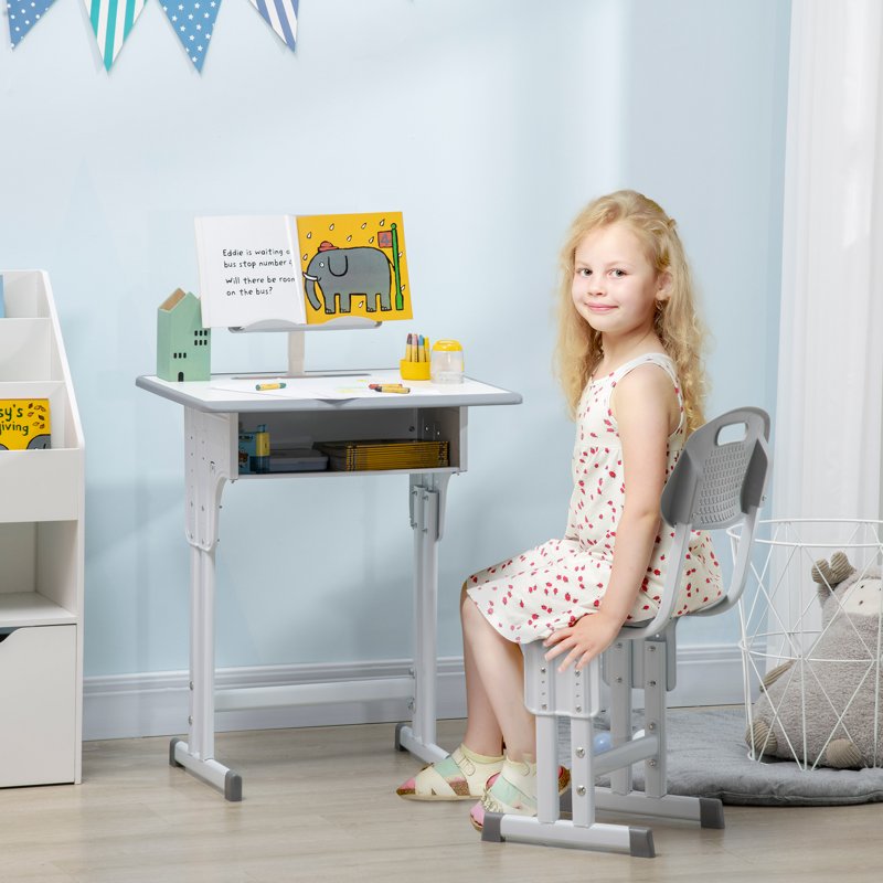 HOMCOM Kids Adjustable Desk and Chair Set, Book Stand, Pen Slot - Grey