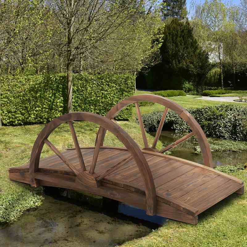 Outsunny Wooden Garden Bridge Lawn Décor Stained Finish Arc Outdoor Pond WalkwayYard Decoration Half Wheeled Railings 100L x 50W x 37Hcm