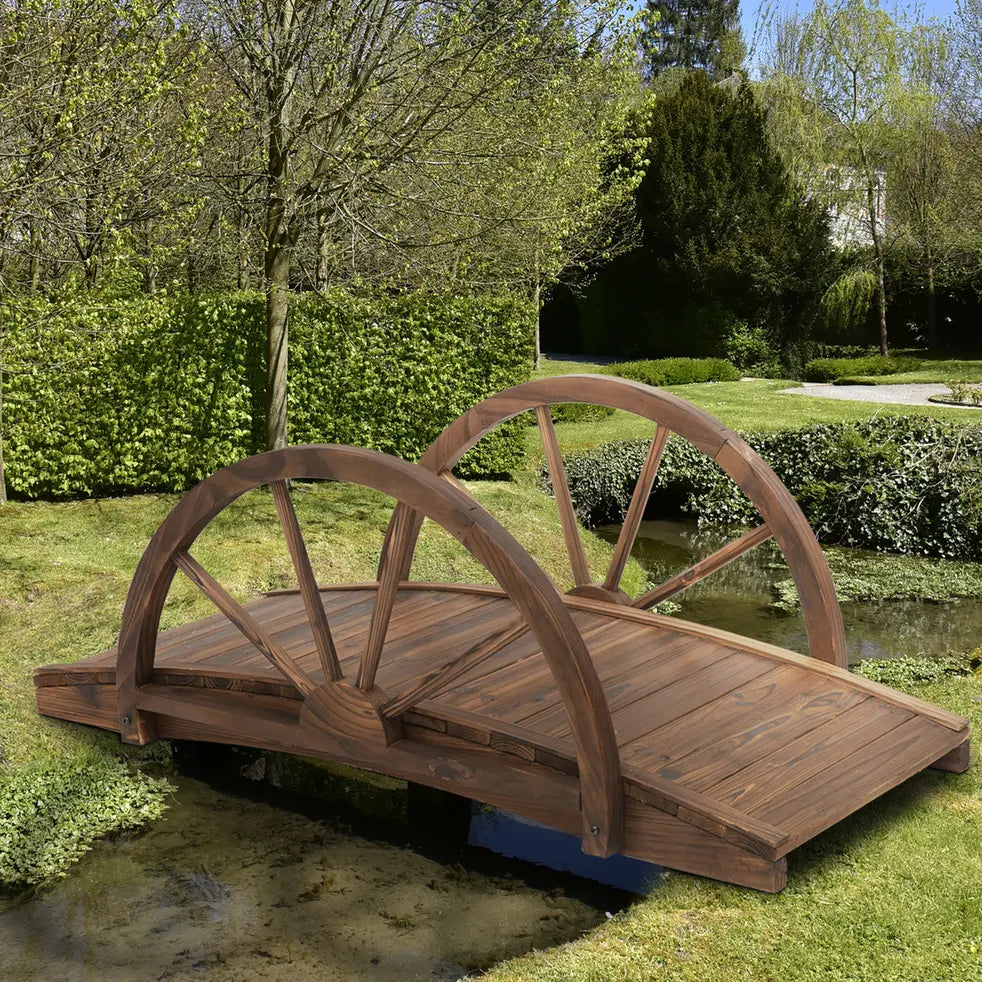 Outsunny Wooden Garden Bridge Lawn Dcor Stained Finish Arc Outdoor Pond WalkwayYard Decoration Half Wheeled Railings 100L x 50W x 37Hcm