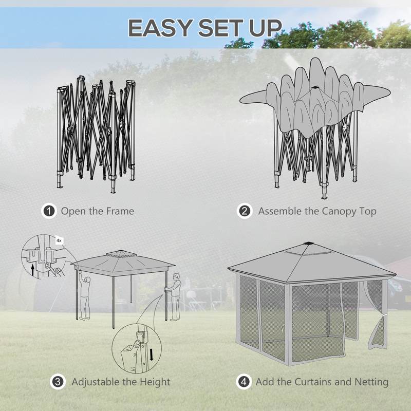 Outsunny 3 x 3(m) Pop Up Gazebo Party Tent with Solar-Powered LED Lights, Adjustable Event Shelter with Netting, Khaki