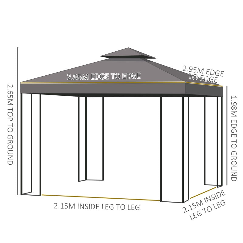 Outsunny 3 x 3 m Garden Gazebo Double Roof Marquee Patio Wedding Party Tent Canopy Shelter with Sidewalls, (Brown)