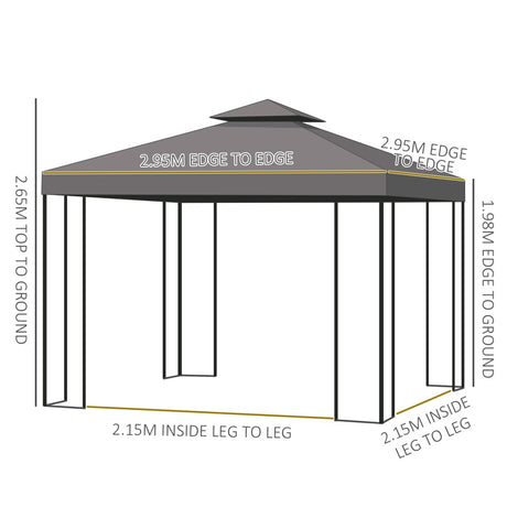 Outsunny 3 x 3 m Garden Gazebo Double Roof Marquee Patio Wedding Party Tent Canopy Shelter with Sidewalls, (Brown)