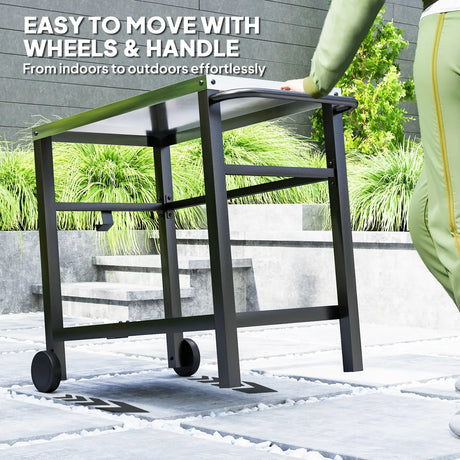 Outsunny Outdoor Grill Dining Cart 2-Shelf Movable Pizza Oven Table Stand with Stainless Steel Top, Portable BBQ Trolley Food Prep Outdoor Kitchen Barbecue Station with Hooks Wheels, Charcoal Grey