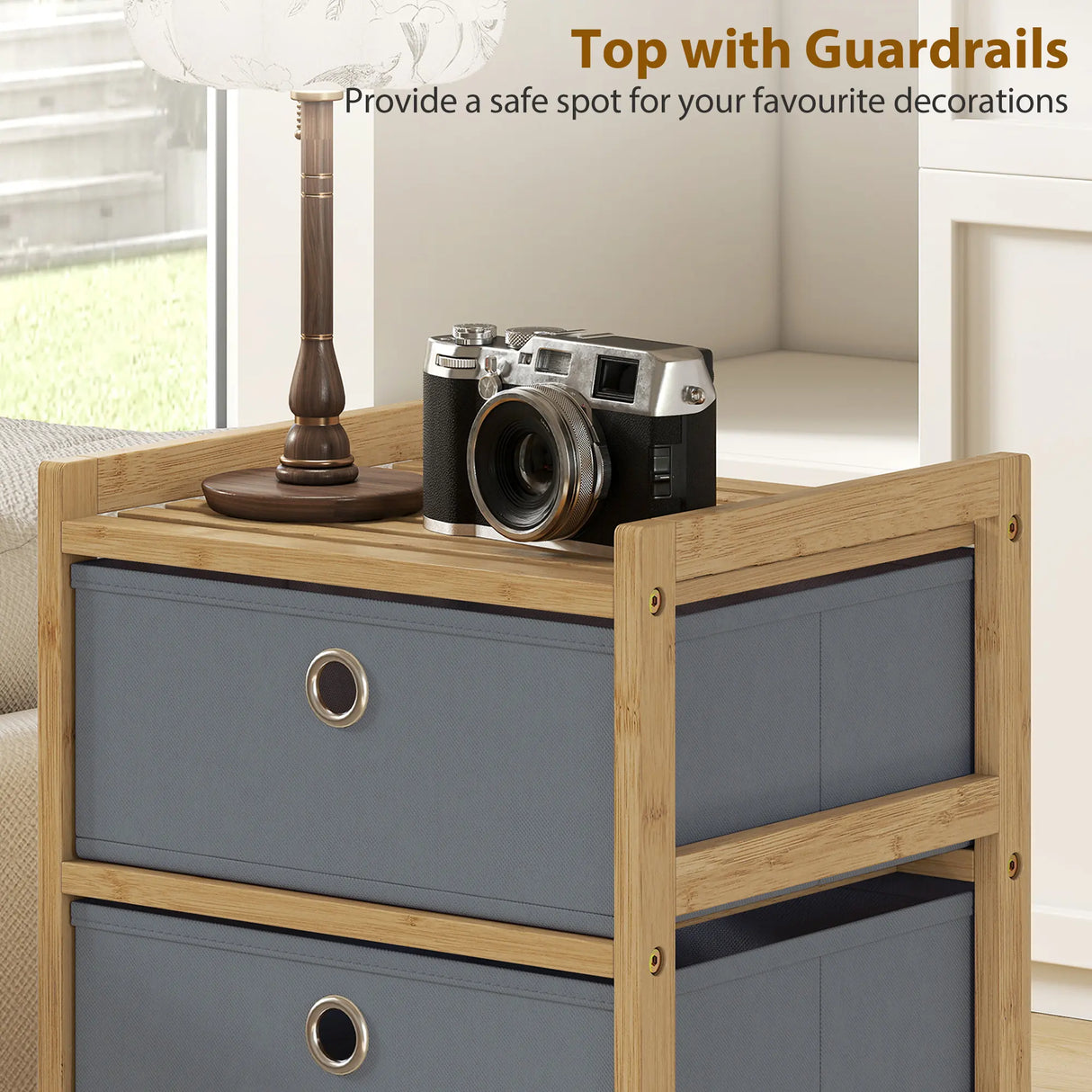 HOMCOM Chest of Drawers, 3 Fabric Drawers Narrow Dresser with Bamboo Frame, Light Grey