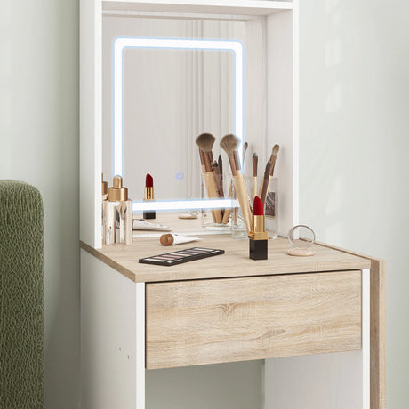 HOMCOM Small Vanity Desk with Mirror and LED Lights, Compact Dressing Table with Drop Leaf, Open Shelves and Drawer, White