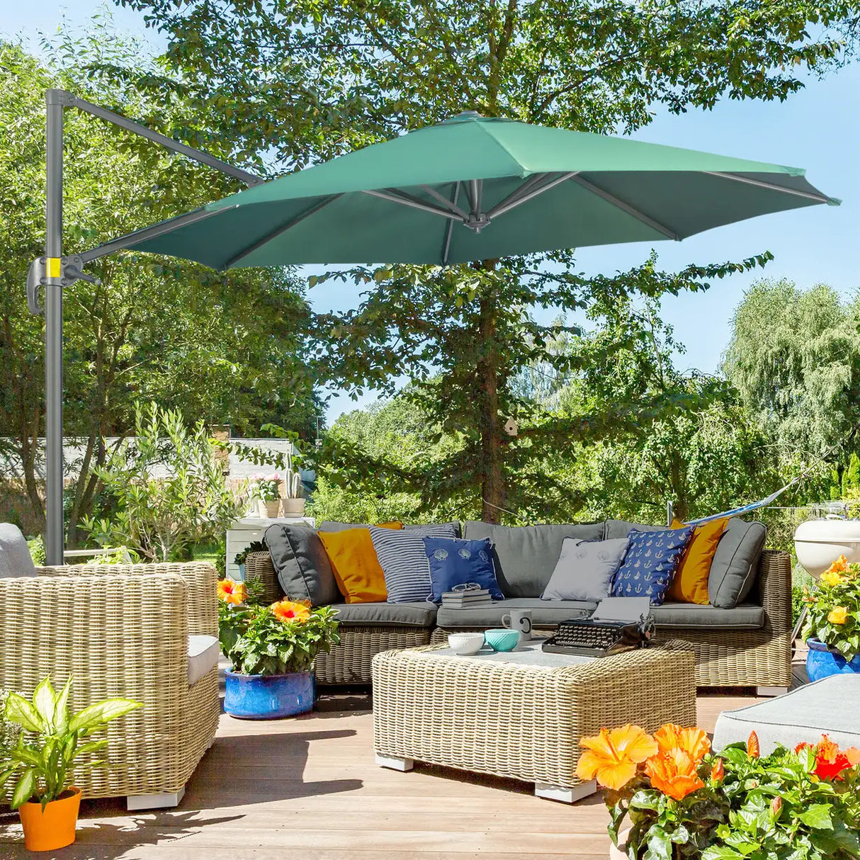 Outsunny 3 x 3(m) Cantilever Parasol with Cross Base, Garden Umbrella with 360 Rotation, Crank Handle and Tilt for Outdoor, Patio, Green