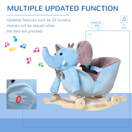 HOMCOM 2 In 1 Plush Baby Ride on Rocking Horse Elephant Rocker with Wheels Wooden Toy for Kids 32 Songs for 18+ Months (Blue)