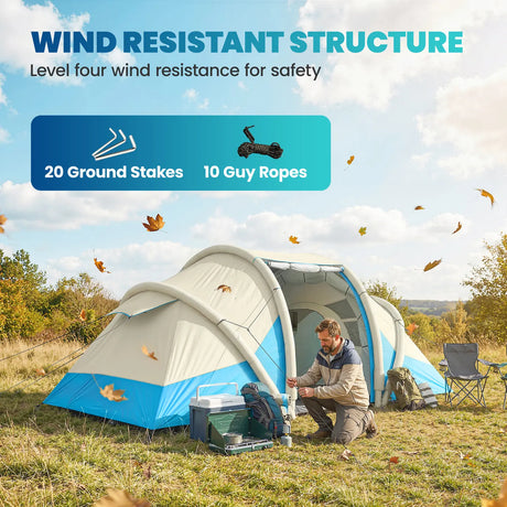 Outsunny Inflatable Tent 2 Bedroom 3000mm Waterproof Windproof Air Tent with Carry Bag for 4 Person