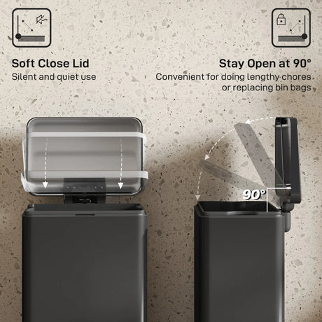 HOMCOM 20L Kitchen Bin with Soft-Close Lid and Stay-Open Function, Stainless Steel Pedal Bin with Removable Inner Bucket for Kitchen, Office, Home, Matte Black