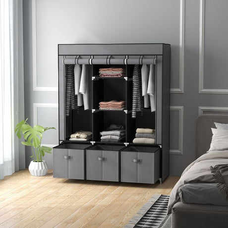 HOMCOM Fabric Wardrobe for Bedroom, Portable Wardrobe with 5 Shelves, 2 Hanging Rails and 3 Fabric Drawers, Foldable Closet, 125 x 43 x 162.5cm, Dark Grey