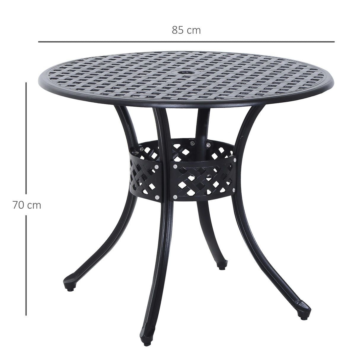 Outsunny 85cm Round Garden Table with Umbrella Hole, Aluminium Grid Motif Outdoor Dining Table for Garden Patio, Black