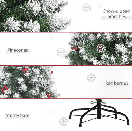 HOMCOM 6FT Artificial Christmas Tree Xmas Pencil Tree with Red Berries and Pinecones Holiday Home Indoor Decoration with Foldable Feet, Green