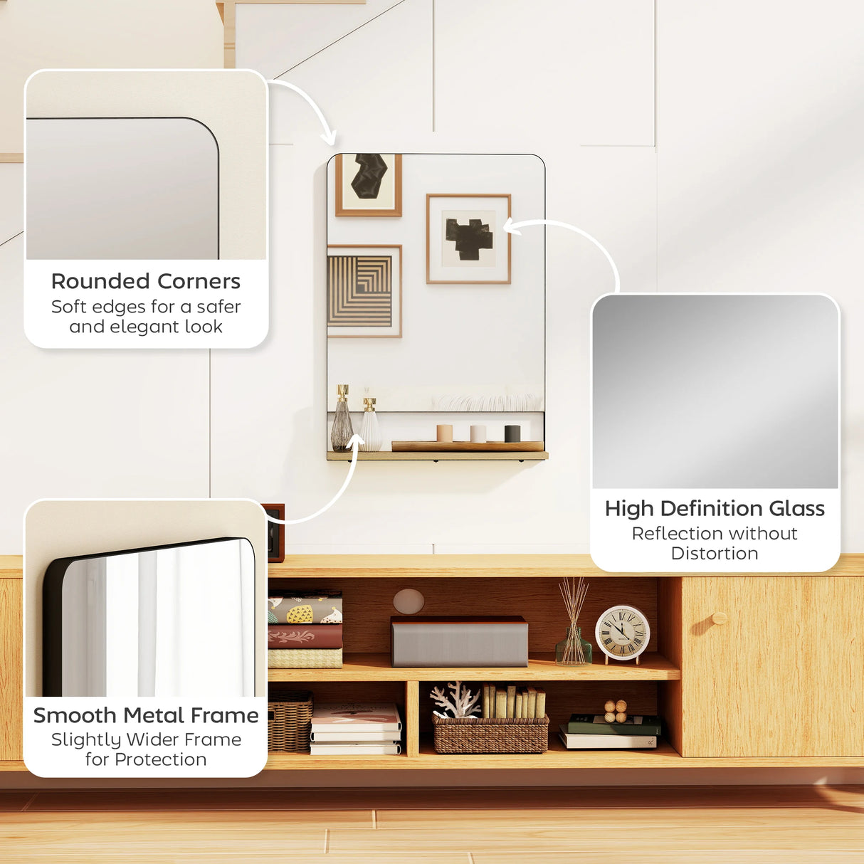 HOMCOM Wall Mirror with Wood Shelf - Black