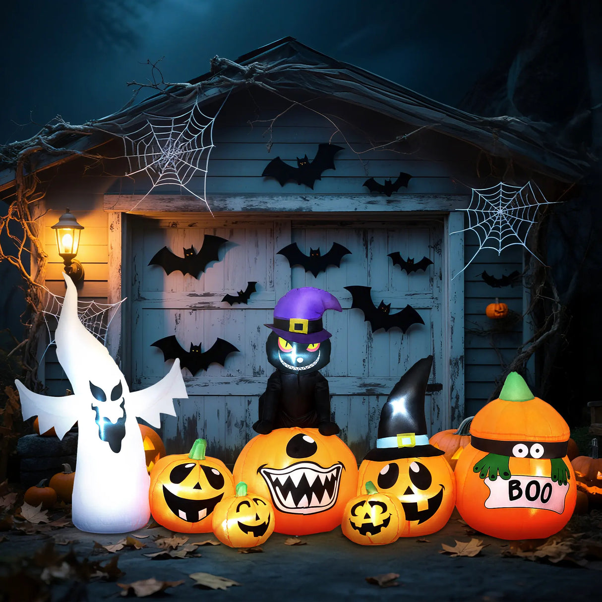 Outsunny 8 FT Halloween Inflatables Pumpkin Ghost and Cat Combo, Outdoor Halloween Decorations with 9 Built-in LEDs, Self-Inflating Blow Up Decor for Garden Party