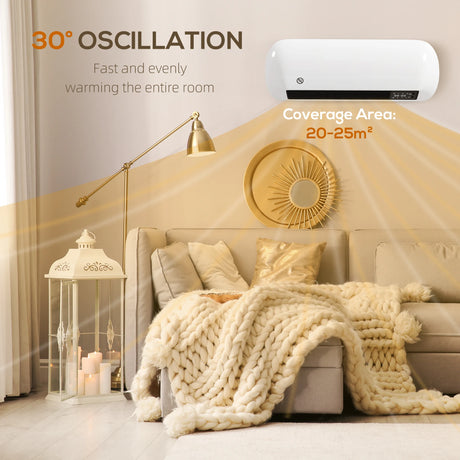 HOMCOM 2000W Ceramic Electric Heater with Fan, Adjustable Thermostat, Wall Mounted - White