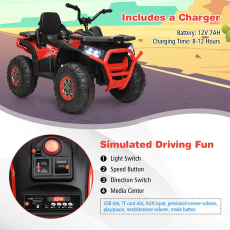 12V Kids Electric 4-Wheeler ATV Quad Ride On Car Toy with LED Lights and Music-Red