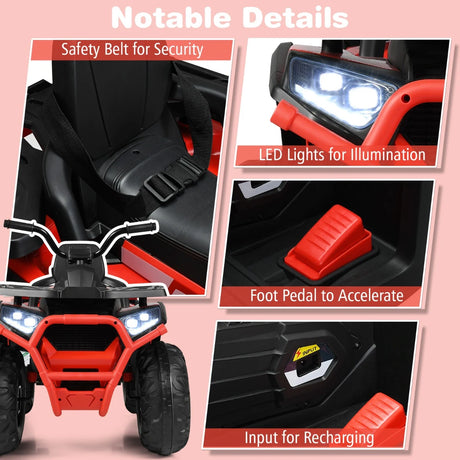 12V Kids Electric 4-Wheeler ATV Quad Ride On Car Toy with LED Lights and Music-Red