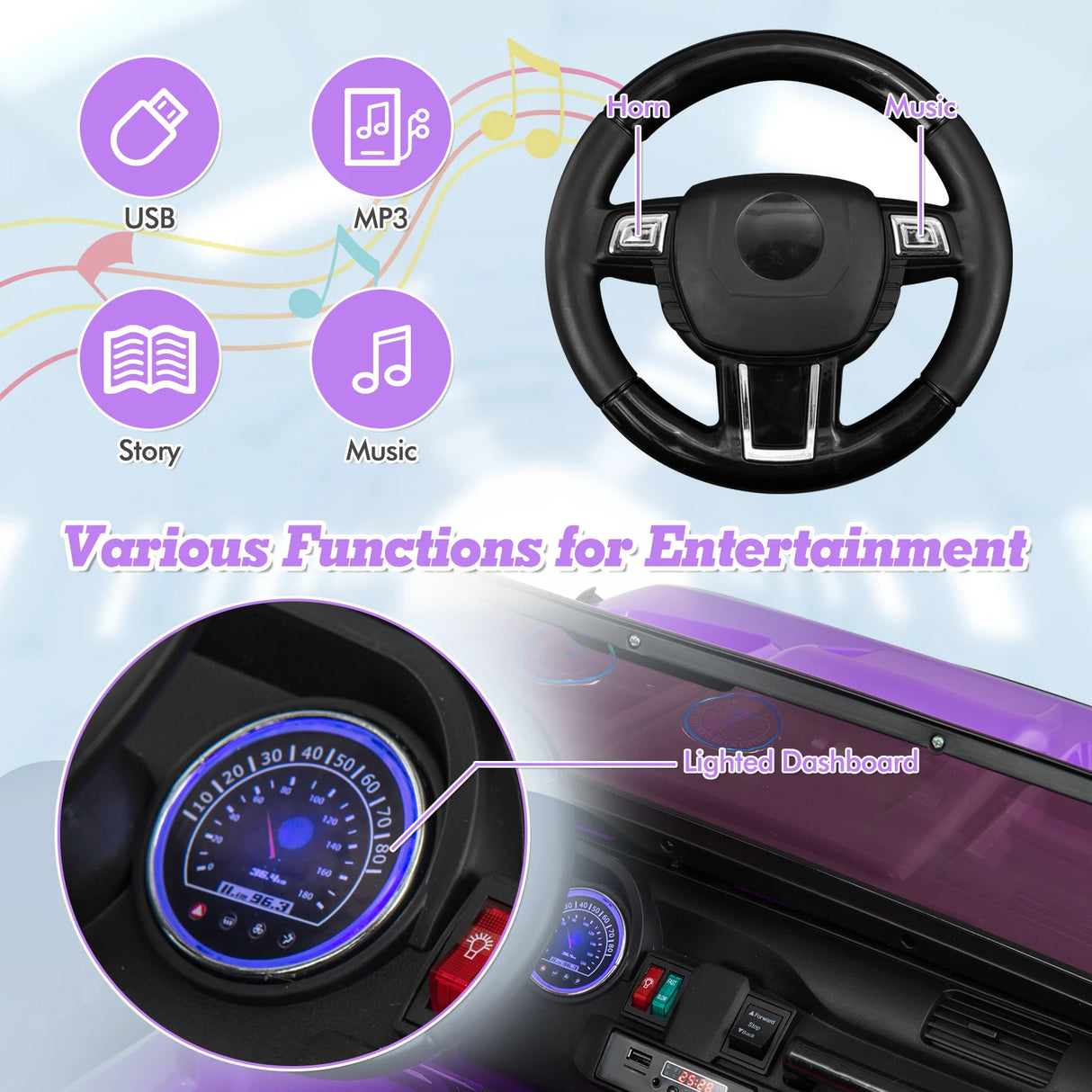 2-Seater Ride On Car with Remote Control and Horn for Boys and Girls-Purple