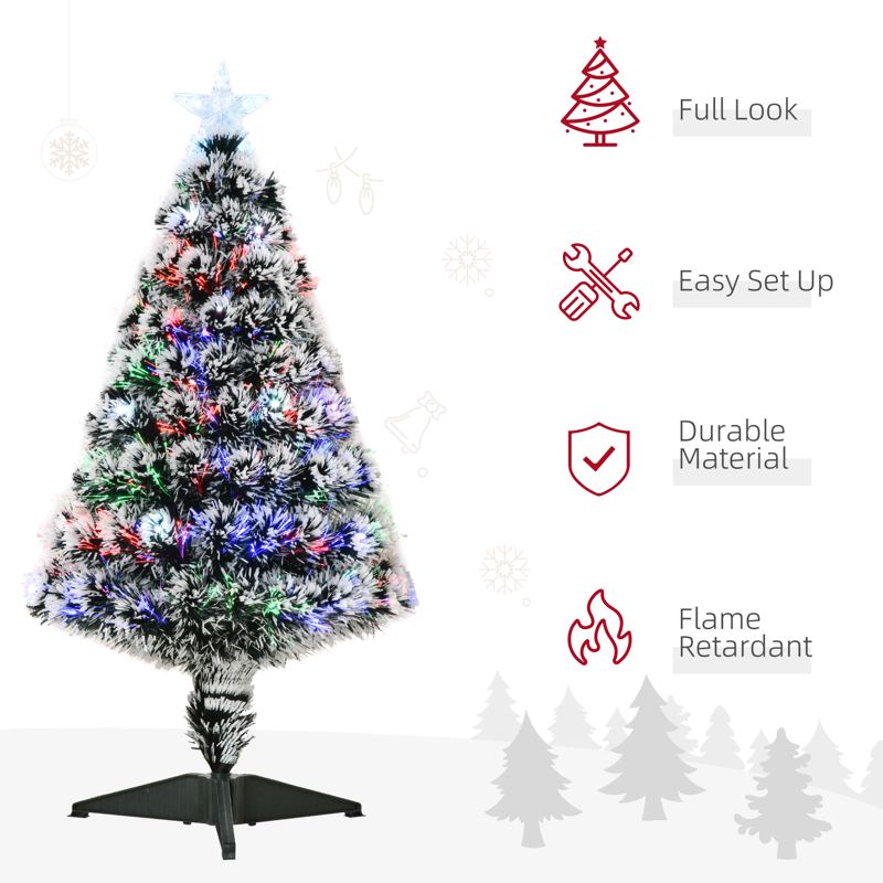 HOMCOM 3ft Artificial Prelit Christmas Tree, Snow Xmas Tree with Colourful LED Lighting Fiber Optics, Green White