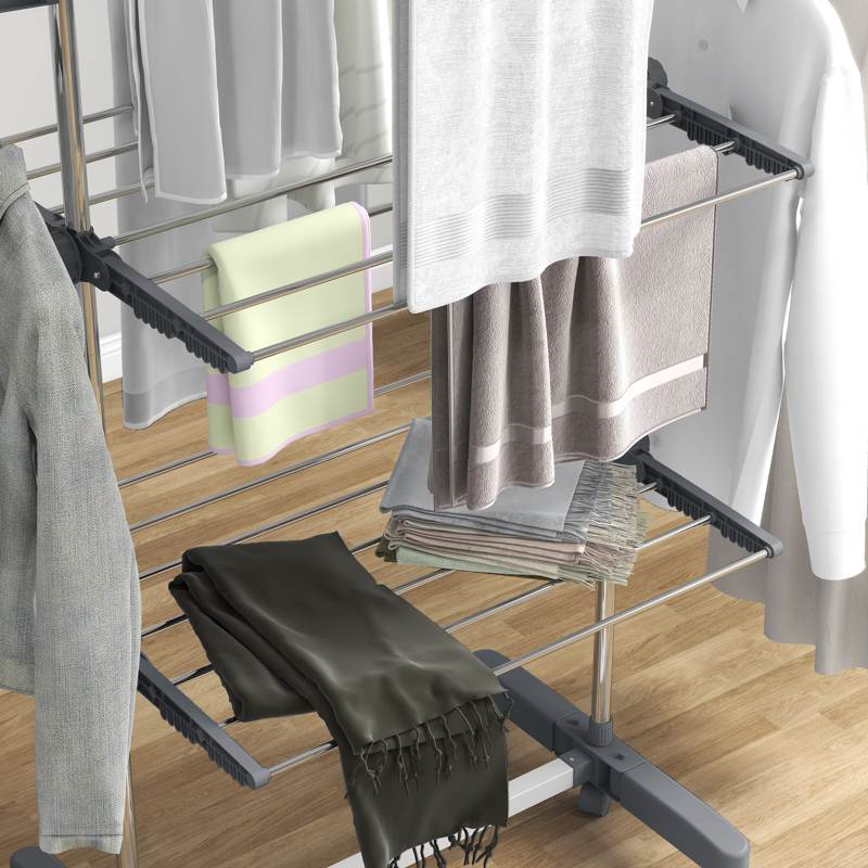 HOMCOM Three-Shelf Collapsing Clothes Horse, With Side Arms and Wheels - Grey