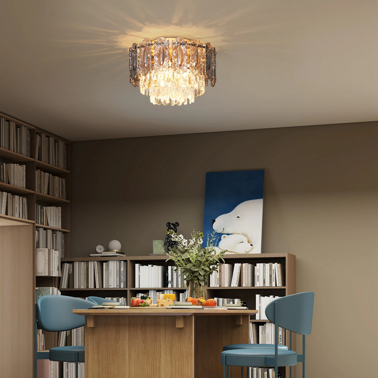 HOMCOM Chandelier Ceiling Light, 3-Light Vintage Flush Mount Fixture with Dual Crystal and Smoke Glass Shade, LED Ceiling Light for Living Room Bedroom, 3 E27 Sockets, Bulbs Not Included, Gold Tone