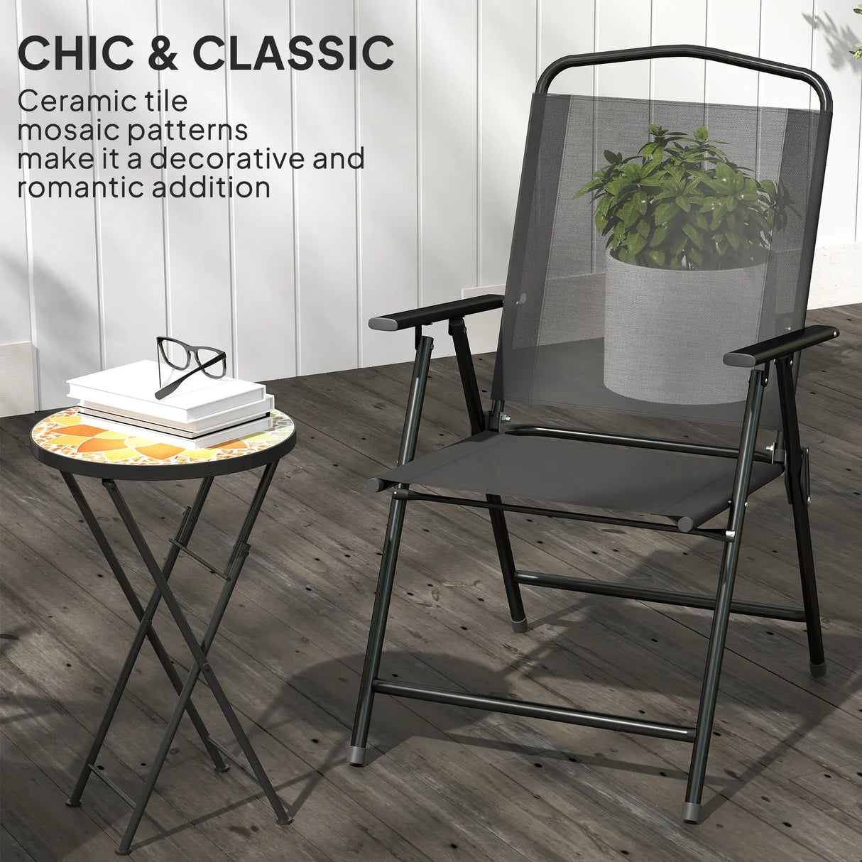 Outsunny Mosaic Outdoor Garden Table, 35.5cm Round Folding Coffee Table with Metal Frame for Balcony Terrace, Yellow