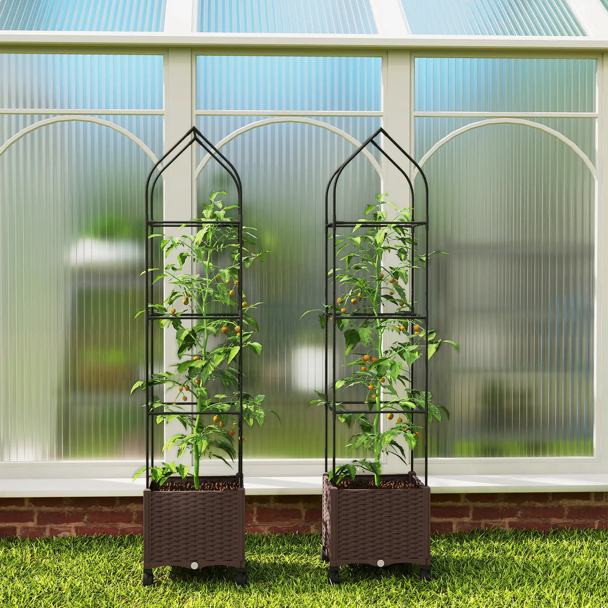 Outsunny Raised Garden Bed with Trellis, Tomato Cage with Lockable Wheels, Self Watering Planter Box with Drainage Holes, Brown