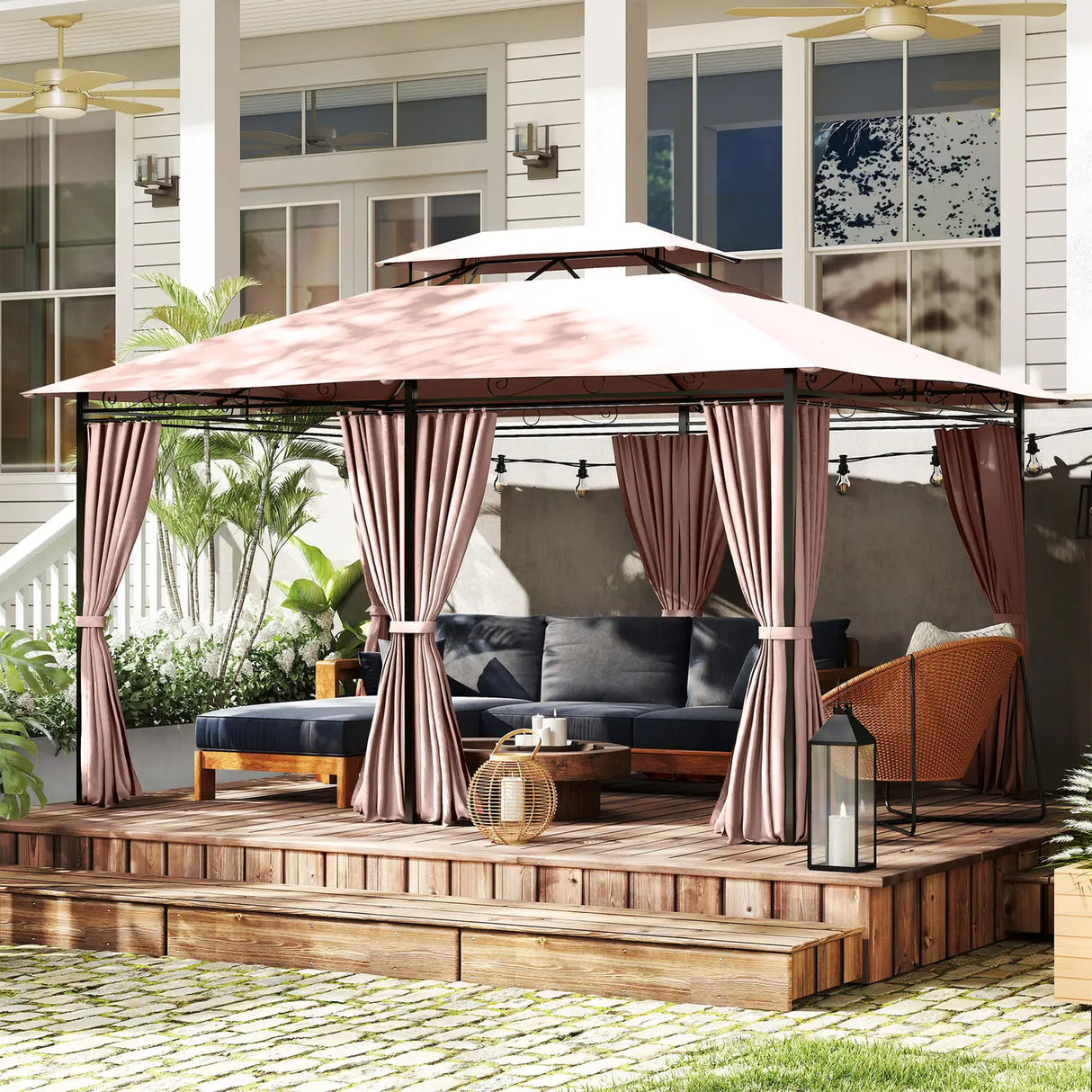 Outsunny 4m x 3(m)Garden Gazebo, Double Roof Outdoor Gazebo Canopy Shelter with Curtains, Solid Steel Frame for Patio, Garden, Brown