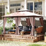 Outsunny 4m x 3(m)Garden Gazebo, Double Roof Outdoor Gazebo Canopy Shelter with Curtains, Solid Steel Frame for Patio, Garden, Brown